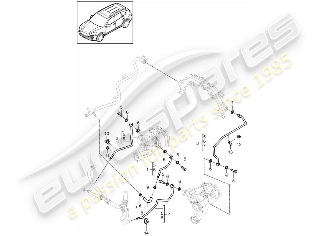 porsche 2013 (cayenne e2 92a) turbocompresseur de gaz d'échappement schéma des pièces