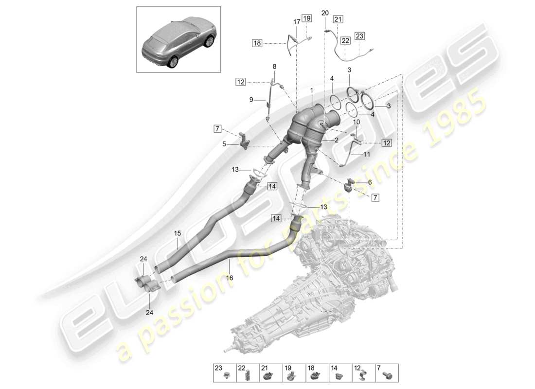 porsche 2020 (macan) convertisseur catalytique filtre à particules essence sonde lambda transmetteur de température des gaz d'échappement schéma des pièces