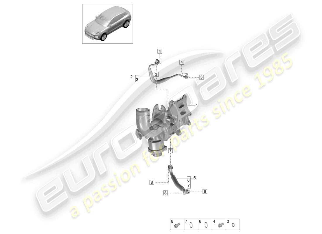 porsche 2020 (macan) schéma des pièces de la conduite de pression d'huile pour turbocompresseur à gaz d'échappement