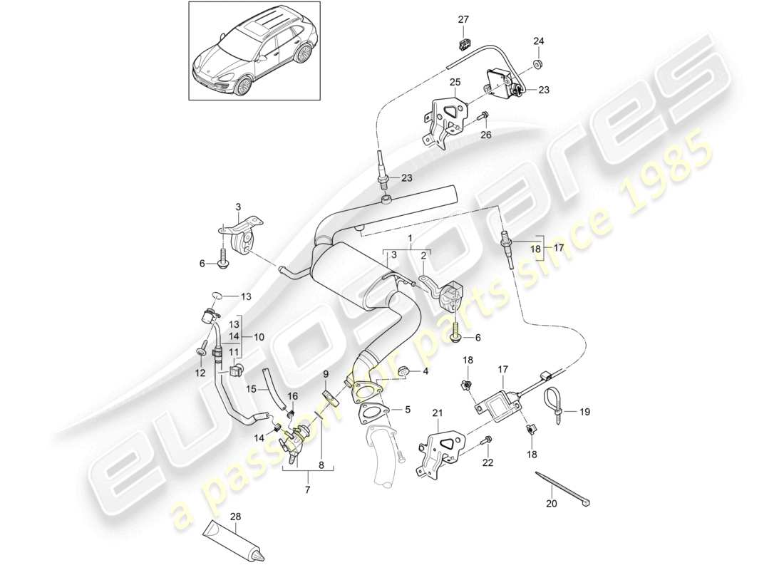 porsche 2014 (cayenne e2 92a) système d'échappement convertisseur catalytique injecteur pour agent réducteur capteur nox 2 capteur de particules schéma des pièces