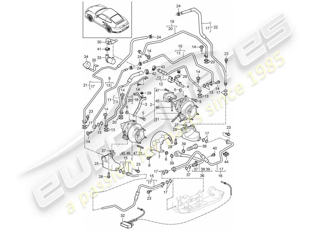porsche 2012 (997-2 turbo / gt2 rs) turbocompresseur de gaz d'échappement schéma des pièces