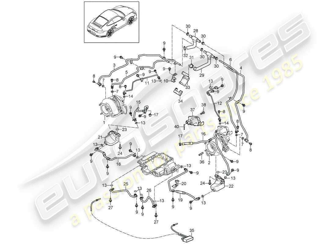 porsche 2012 (997-2 turbo / gt2 rs) turbocompresseur de gaz d'échappement schéma des pièces