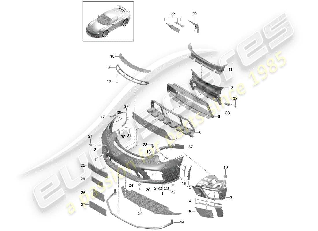 porsche 2016 (991-1 r/gt3/rs) pare-chocs schéma des pièces