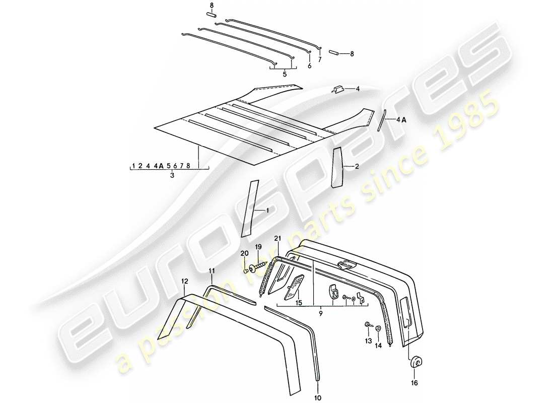 porsche 1989 (911) equipement intérieur - toit - roll bar schéma des pièces