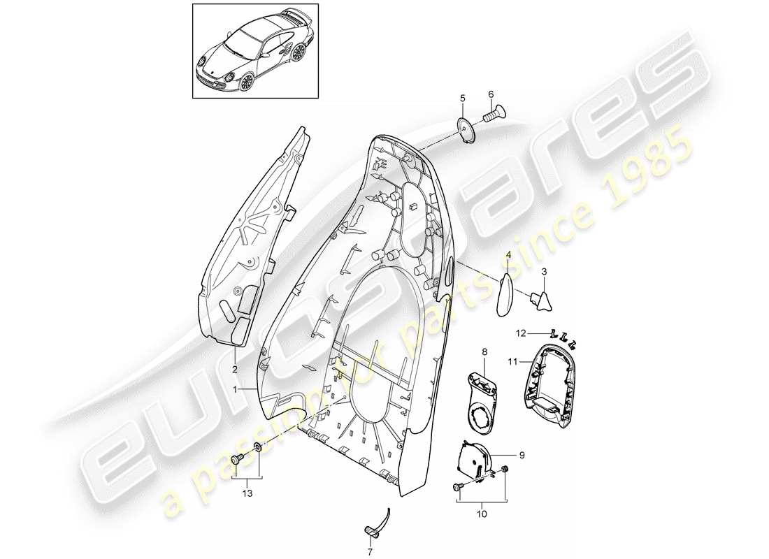 porsche 2011 (997-2 turbo / gt2 rs) coque de dossier schéma des pièces