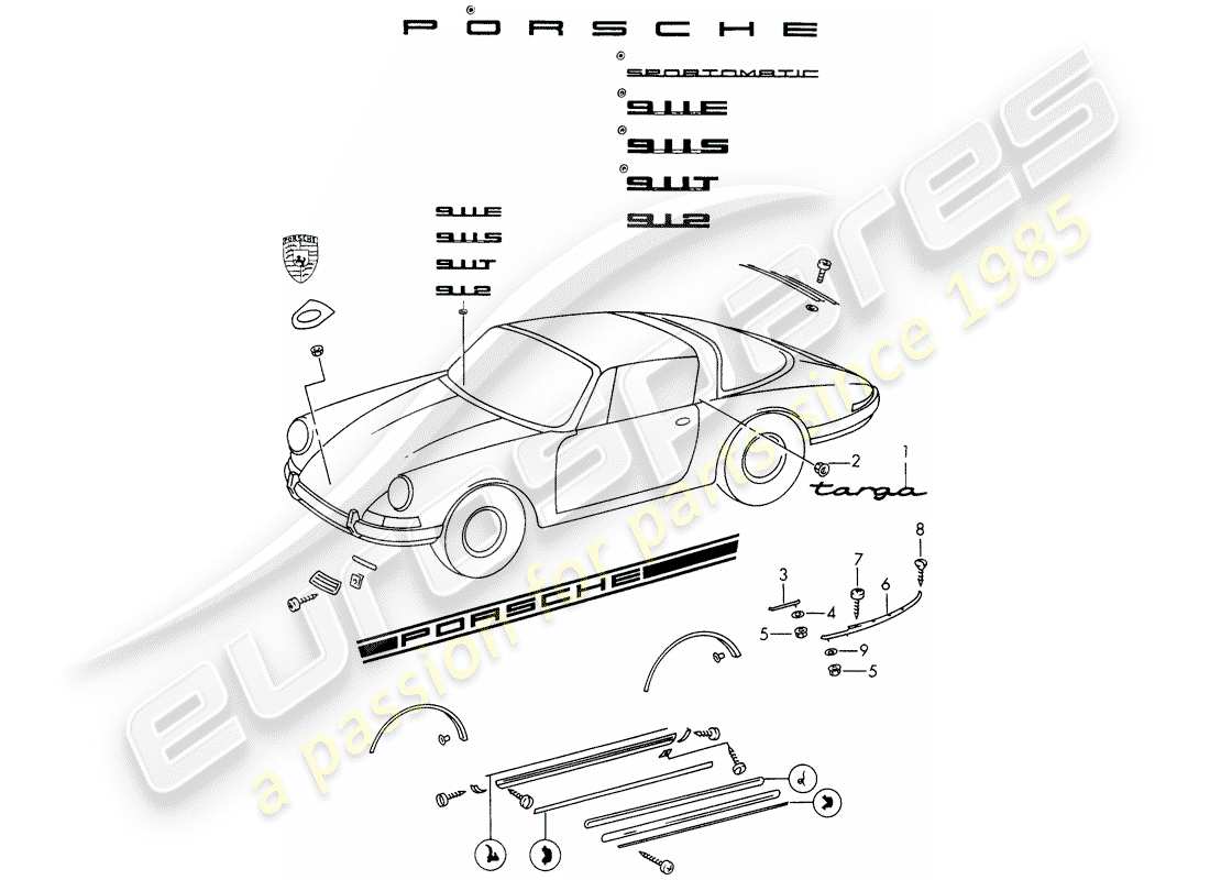 porsche 1966 (911/912) équipements décoratifs schéma des pièces