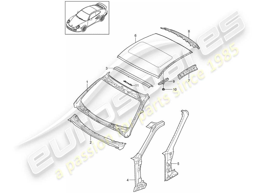 porsche 2011 (997-2 turbo / gt2 rs) diagramme des pièces du capot
