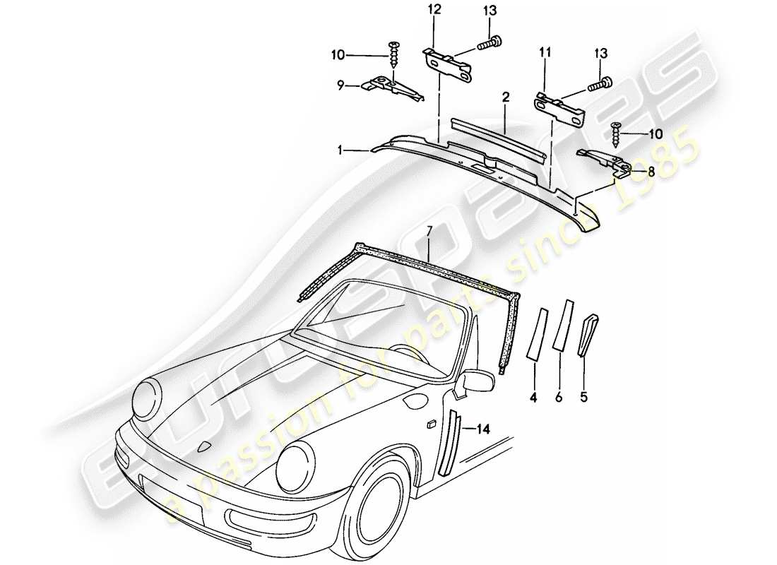 porsche 1987 (911) cadre de pare-brise - accessoires schéma des pièces