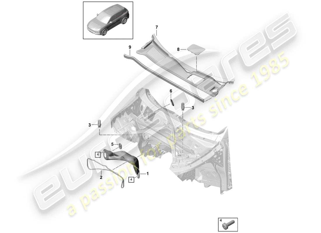 porsche 2020 (cayenne e3 9ya/9yb) schéma des pièces de la boîte à eau