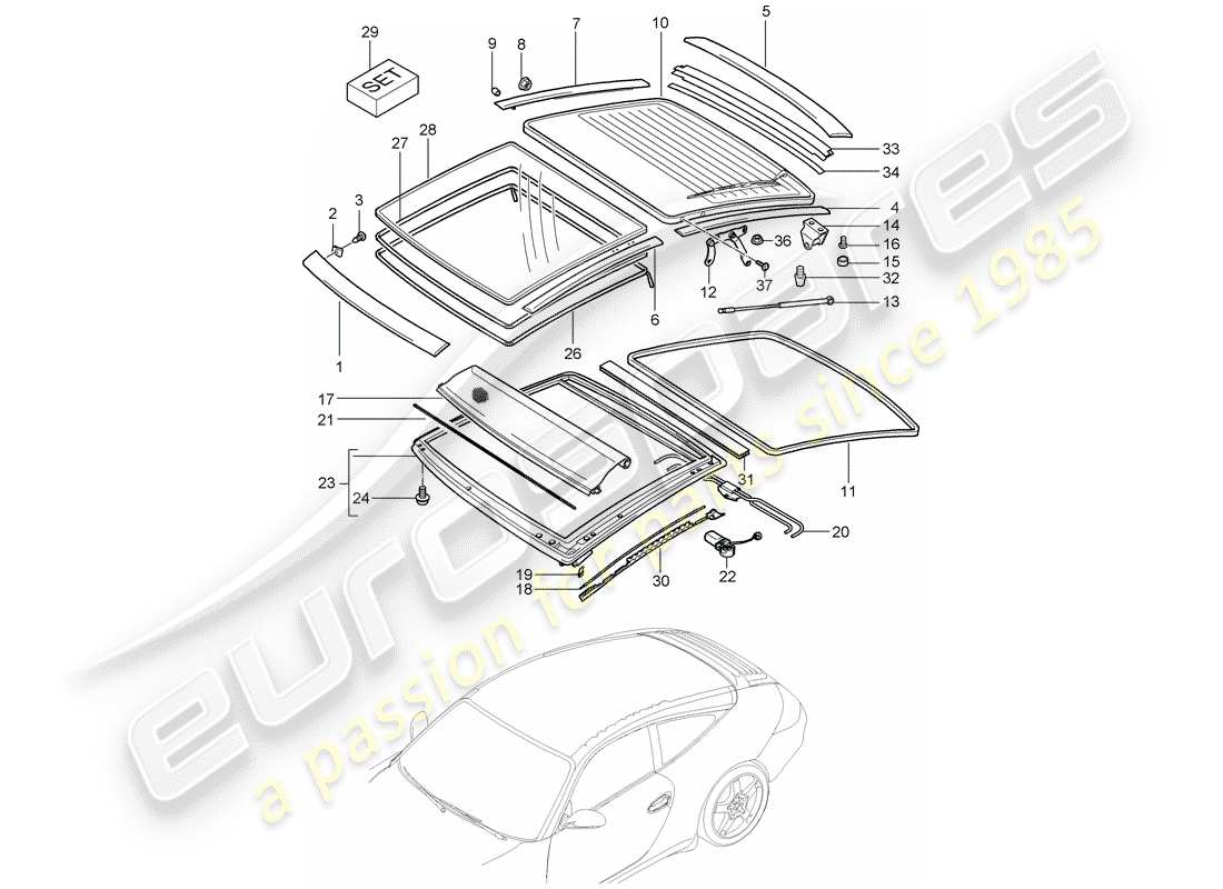 porsche 2005 (997-1) schéma des pièces du toit en verre