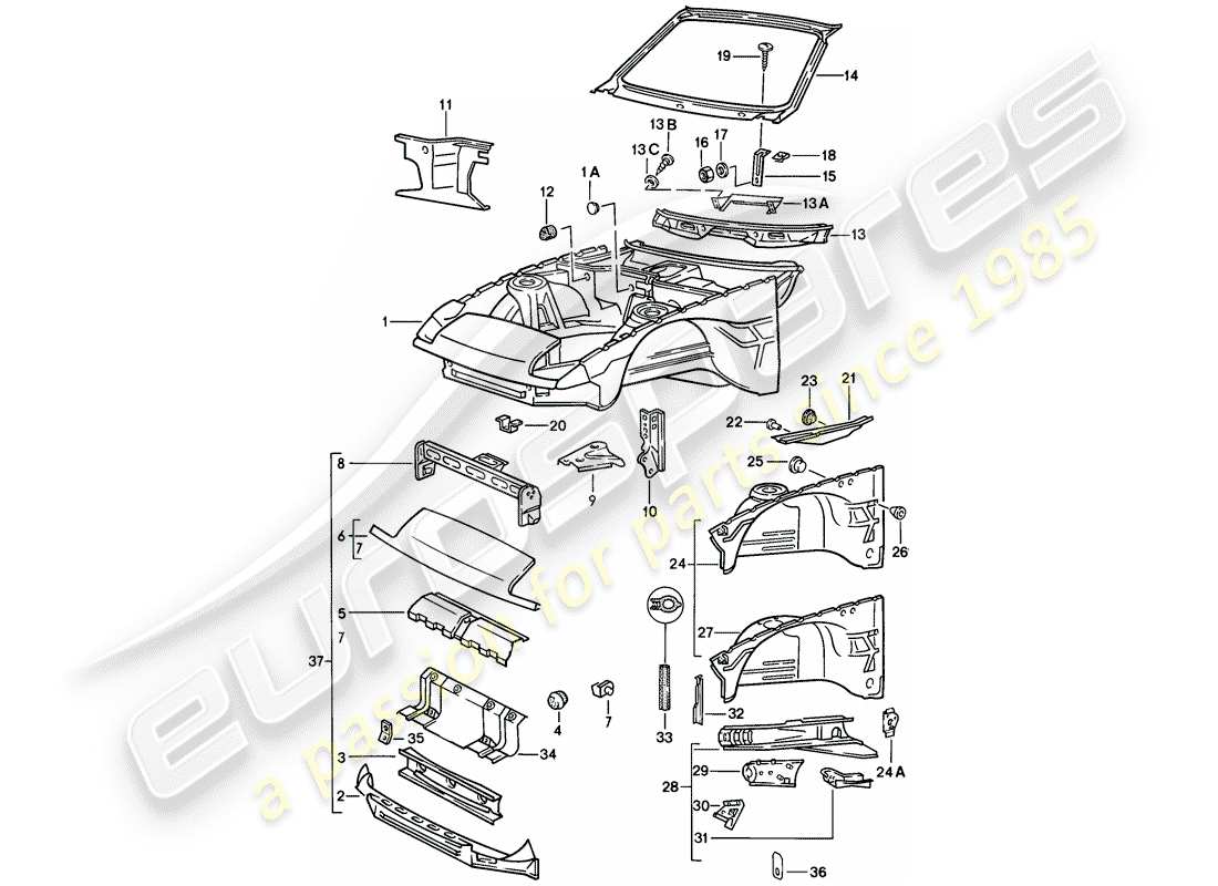 porsche 1982 (944) section avant du corps schéma des pièces