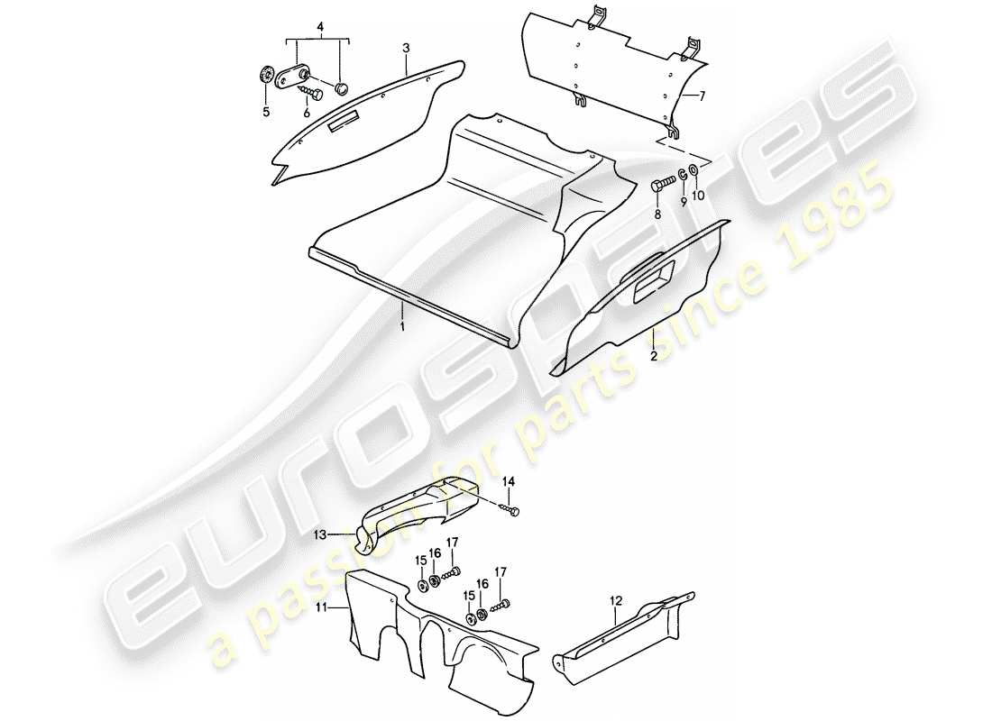 porsche 1989 (911) modèle spécial - design à nose plate - équipement intérieur - compartiment à bagages avant schéma des pièces