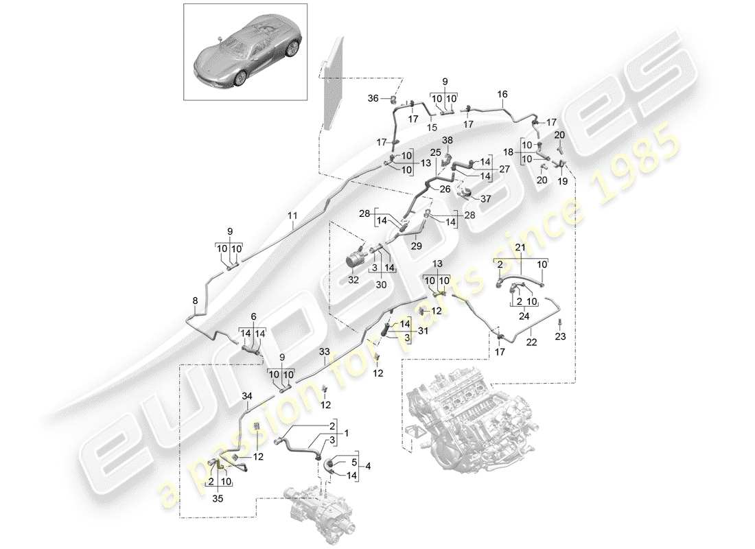 porsche 2015 (918 spyder) refroidissement par eau schéma des pièces