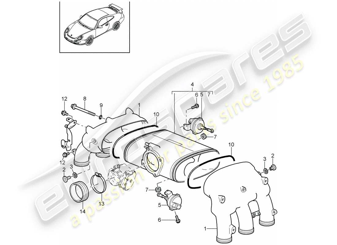 porsche 2008 (997-1 gt3) distributeur d'air d'admission schéma des pièces