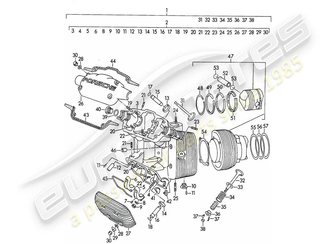 porsche 1959 (356/356a) culasse - cylindre à pistons - m 90 501 >> 91 000 vue schématique