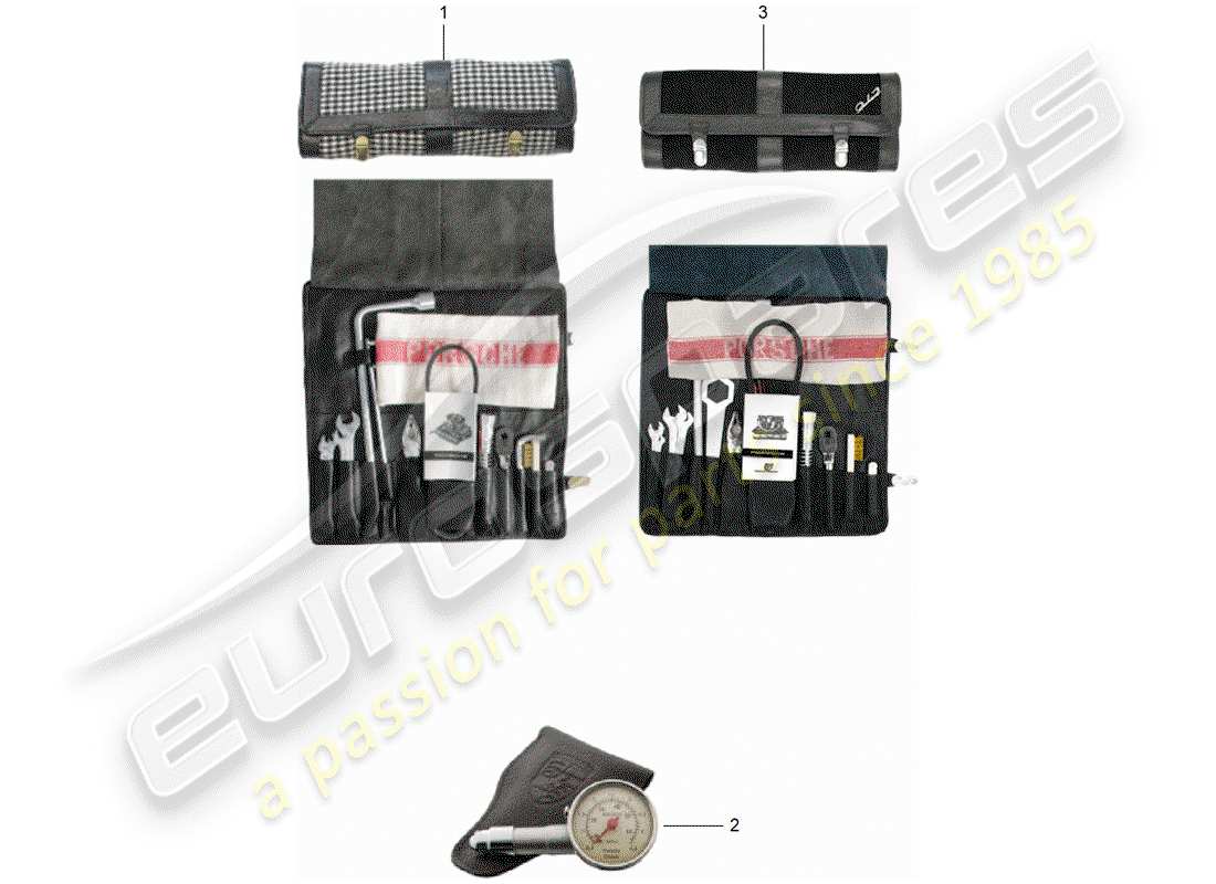 porsche 1965 (911/912) outil - jack - boite avec ampoules - trousse de premiers secours schéma des pièces