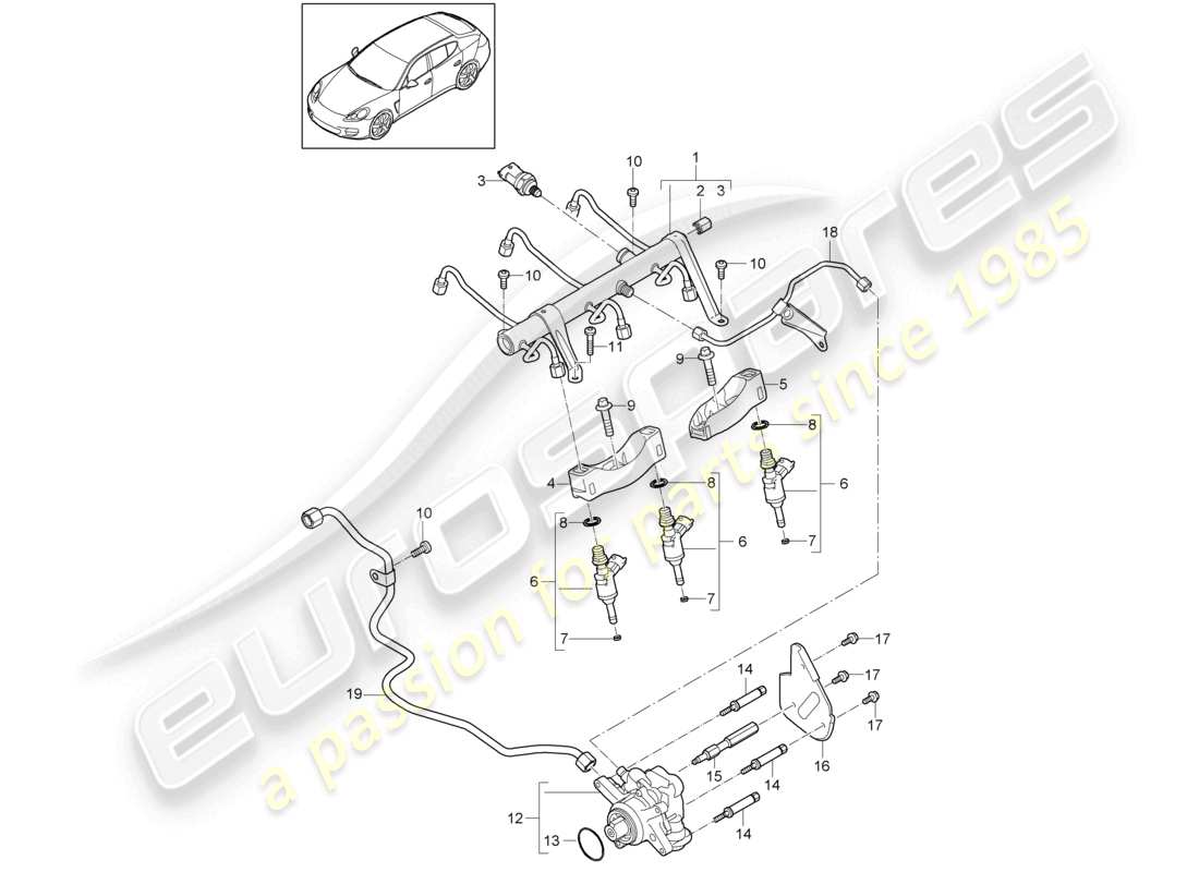 porsche 2012 (panamera 970) schéma des pièces du tuyau de collecte de carburant, de l'injecteur haute pression et de la pompe haute pression