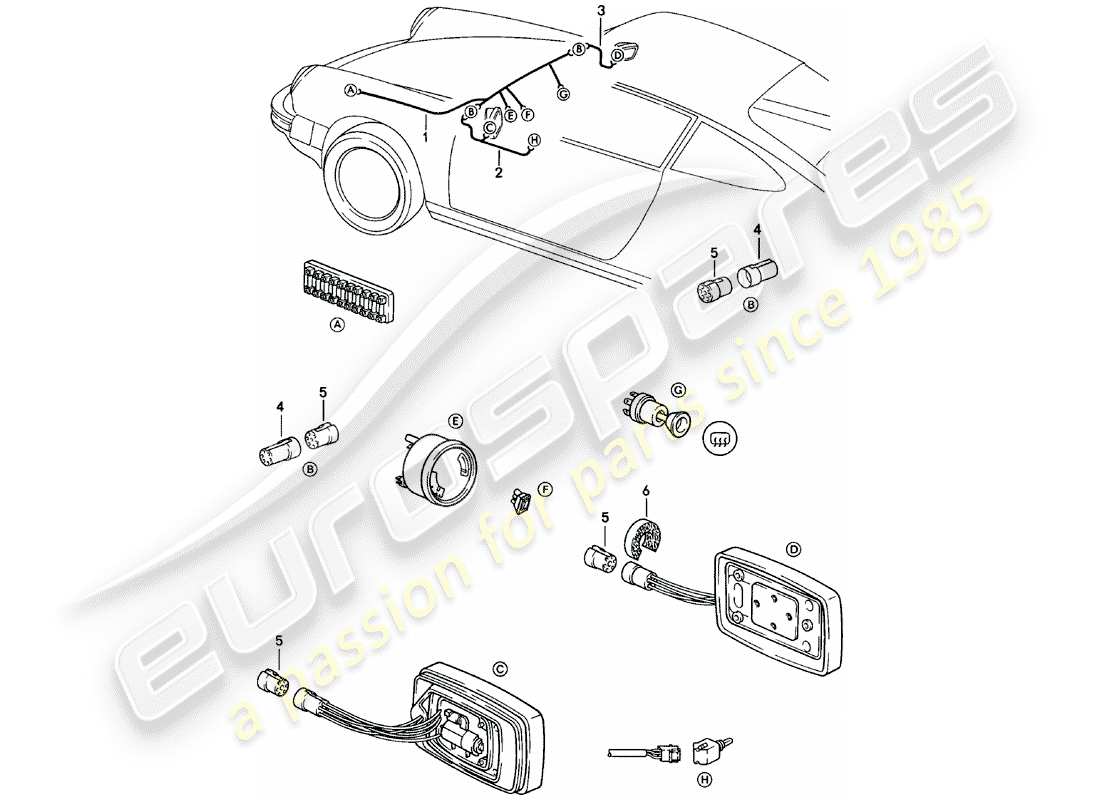 porsche 1983 (911) faisceau de cablage - rétroviseur schéma des pièces