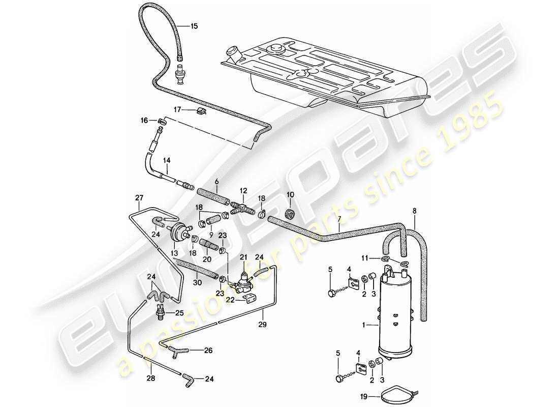 porsche 1982 (944) cartouche à émission par évaporation - ventilation du réservoir - (aus)(j) schéma des pièces
