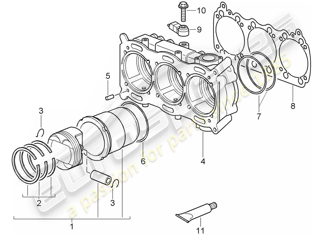 porsche 2009 997-2 turbo / gt2 cylindre avec pistons schéma des pièces