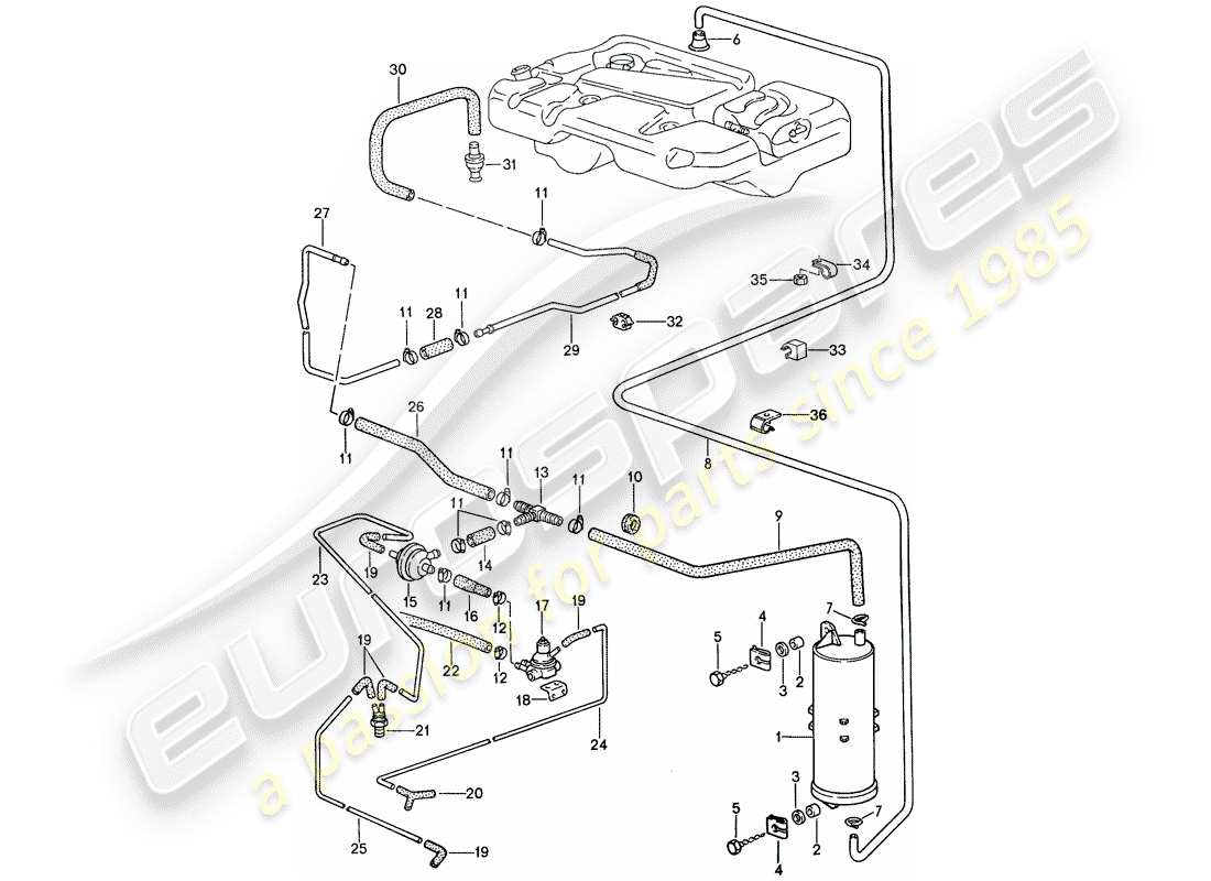 porsche 1989 (944) cartouche d'émission par évaporation schéma des pièces