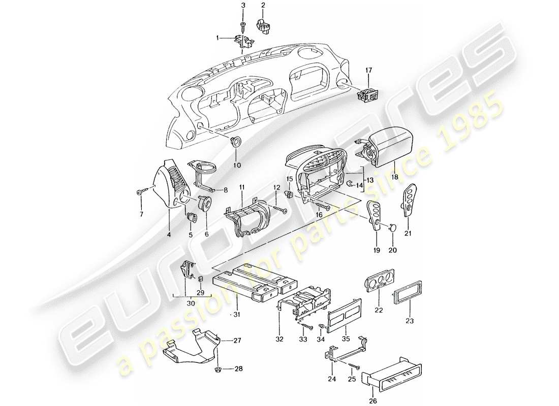 porsche 2005 (996) accessoires - garniture de tableau de bord schéma des pièces
