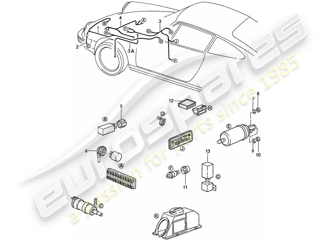 porsche 1986 (911) faisceau de cablage - système de rondelle phare - témoins d'avertissement - pompe à carburant schéma des pièces