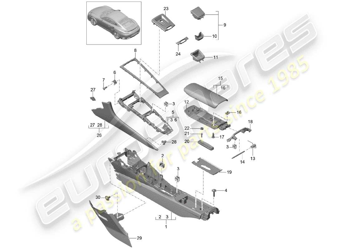 porsche 2014 (991-1 turbo) console centrale schéma des pièces