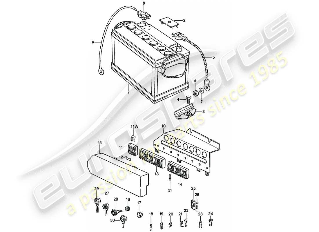 porsche 1979 (911) batterie - boite a fusibles schéma des pièces