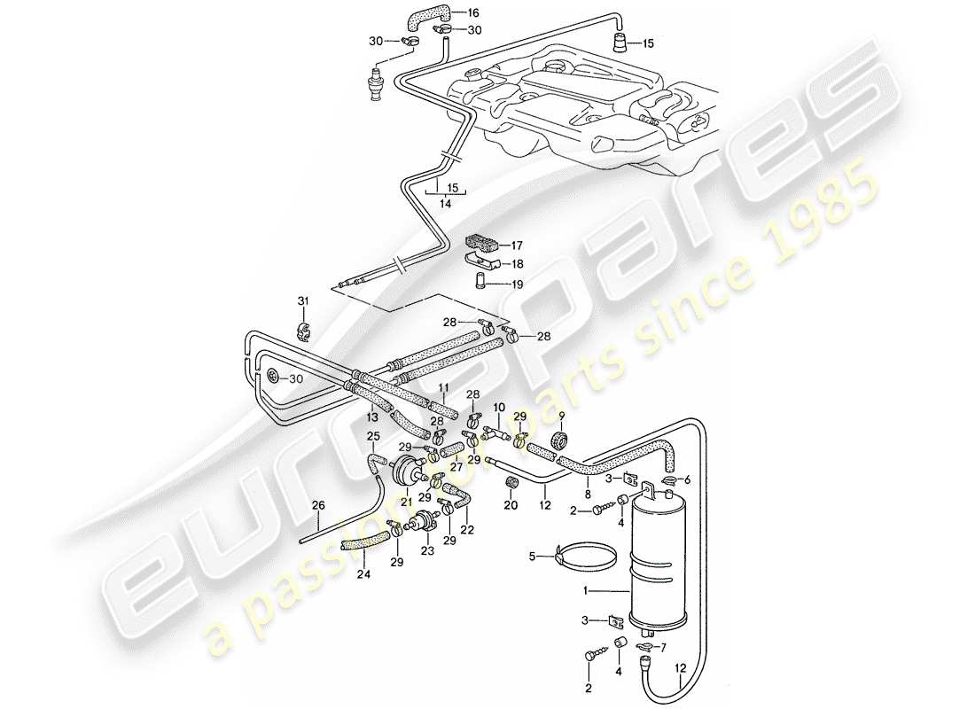 porsche 1990 (944) cartouche d'émission par évaporation schéma des pièces