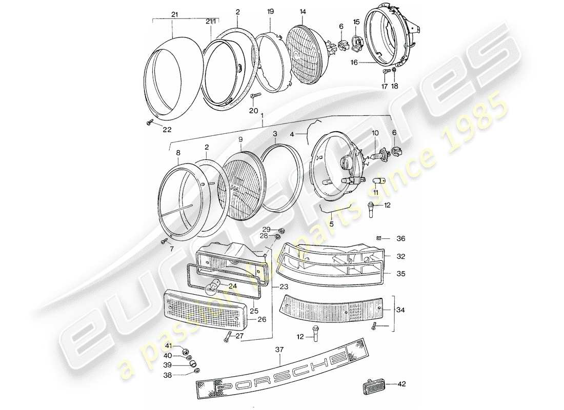 porsche 1977 (911) lampe frontale - eclairage schéma des pièces
