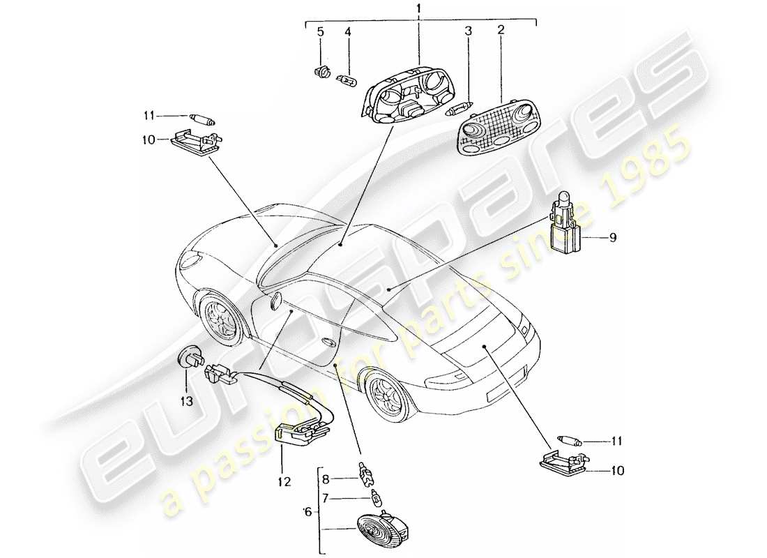 porsche 2000 (996) éclairage intérieur - lampe de coffre à bagages - éclairage de compartiment moteur - éclairage de boîte à gants - éclairage de plafond - dégagement intérieur schéma des pièces