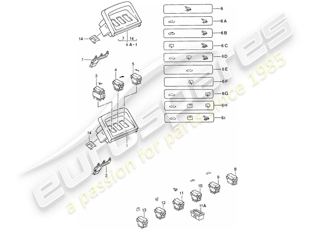 porsche 1998 (993) garniture - commutateur - console centrale schéma des pièces