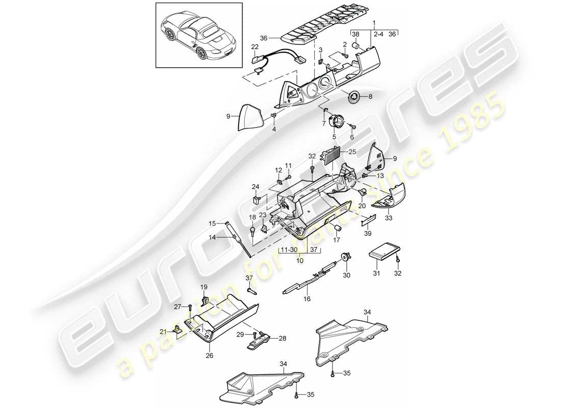 porsche 2010 (987 boxster) boite à gants schéma des pièces