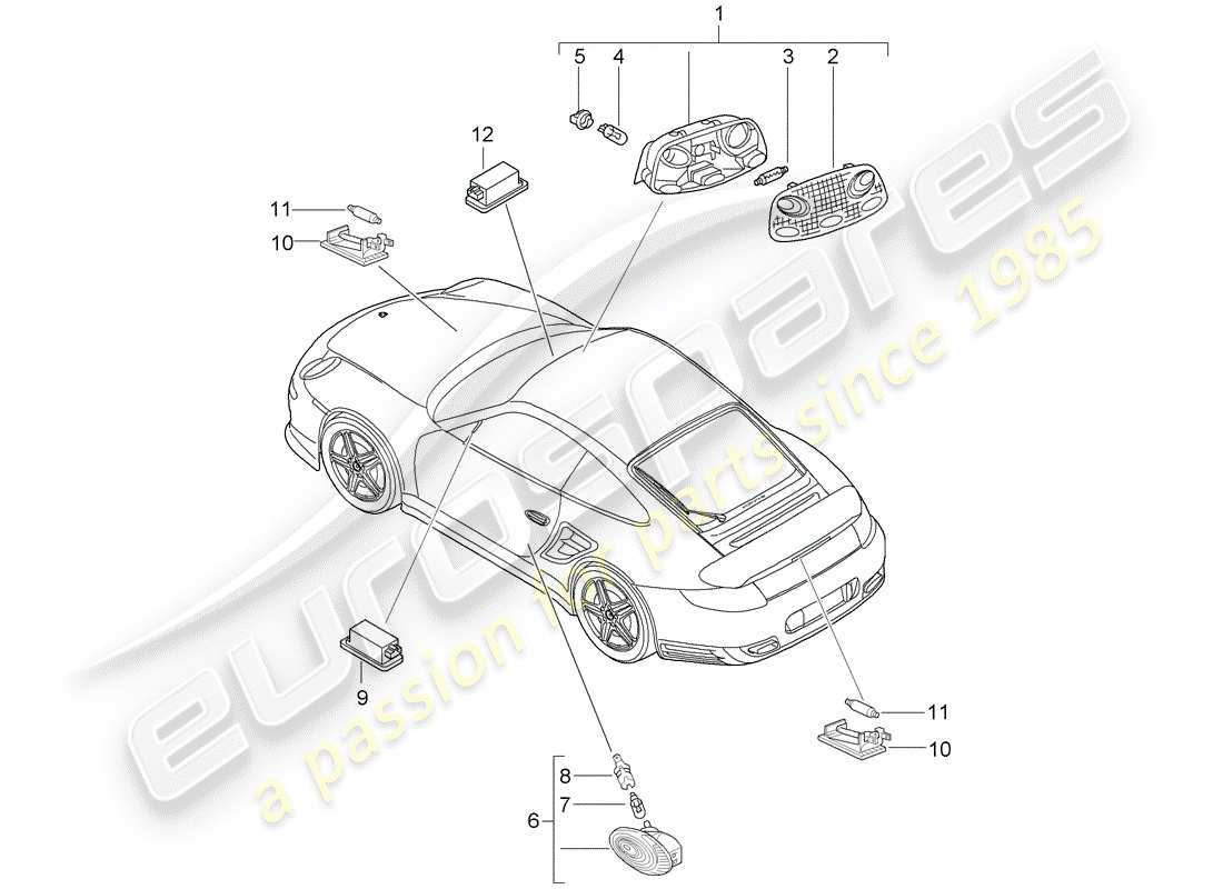 porsche 2009 997-2 turbo / gt2 lumières intérieures schéma des pièces