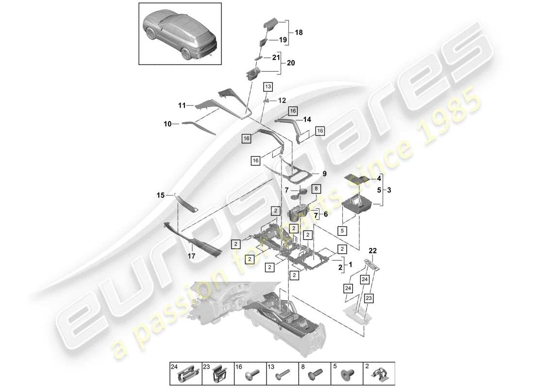 porsche 2020 (cayenne e3 9ya/9yb) console centrale schéma des pièces