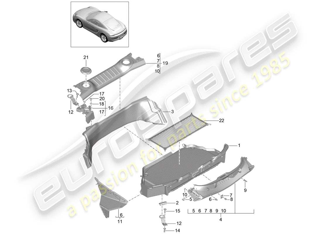porsche 2016 (981 cayman) coffre à bagages schéma des pièces