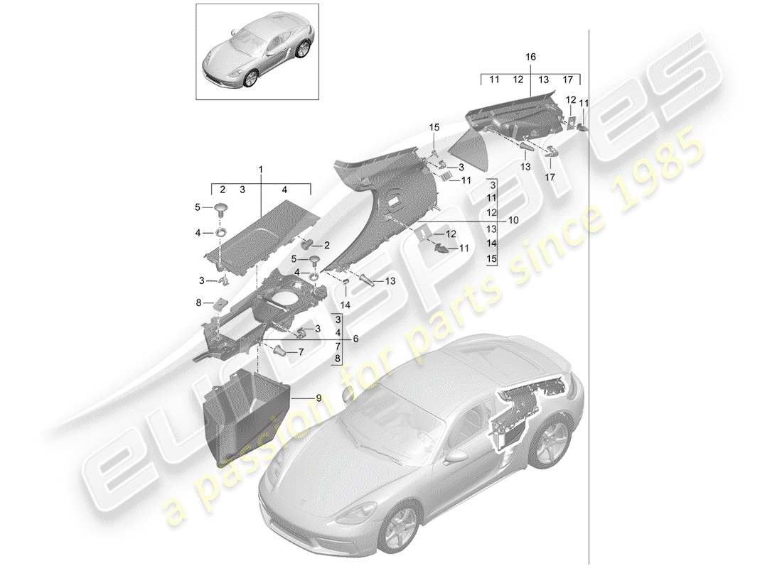 porsche 2018 (718 cayman) schéma des pièces des garnitures