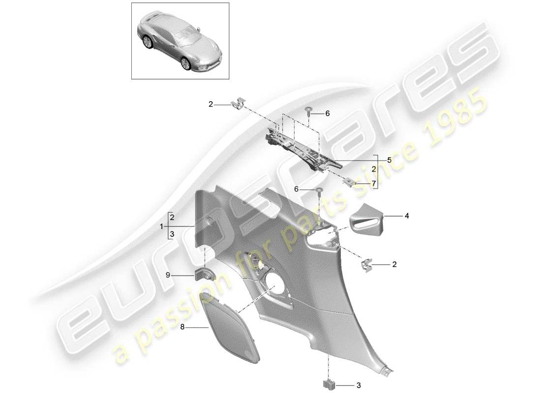porsche 2019 (991-2) panneau de garniture de quartier schéma des pièces