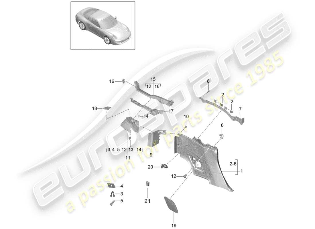 porsche 2017 (991-2) panneau de garniture latéral schéma des pièces