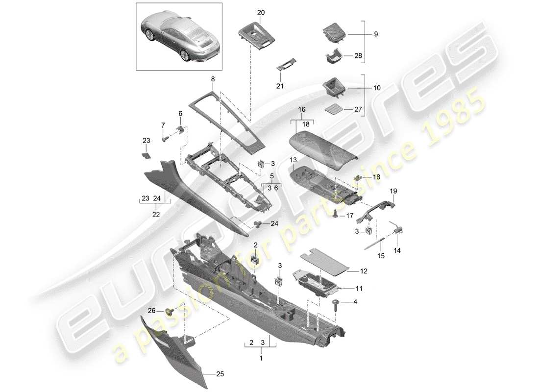 porsche 2020 (991-2) console centrale schéma des pièces
