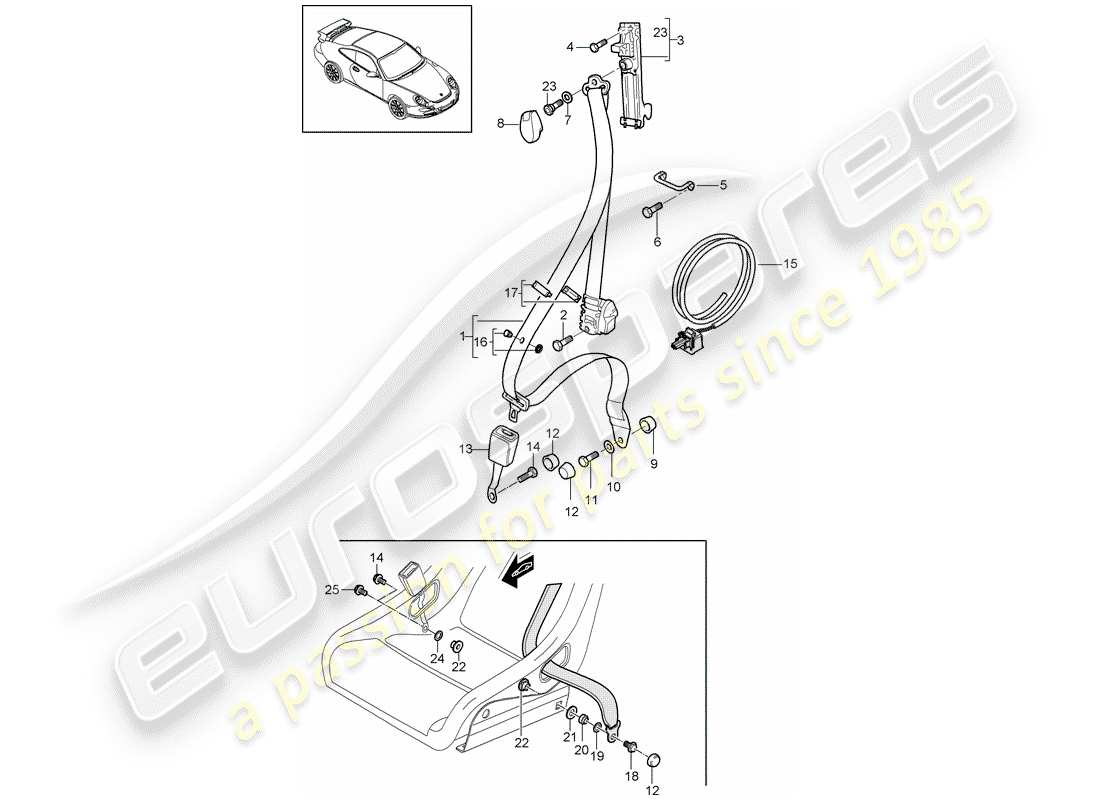 porsche 2008 (997-1 gt3) ceinture de sécurité schéma des pièces
