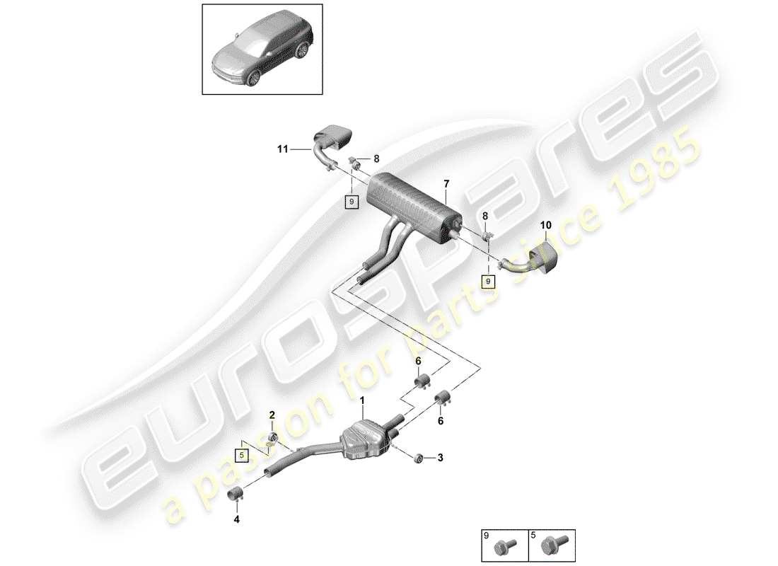 porsche 2019 (cayenne e3 9ya/9yb) système d'échappement schéma des pièces