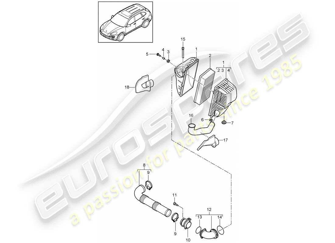 porsche 2014 (cayenne e2 92a) filtre à air avec connexion schéma des pièces