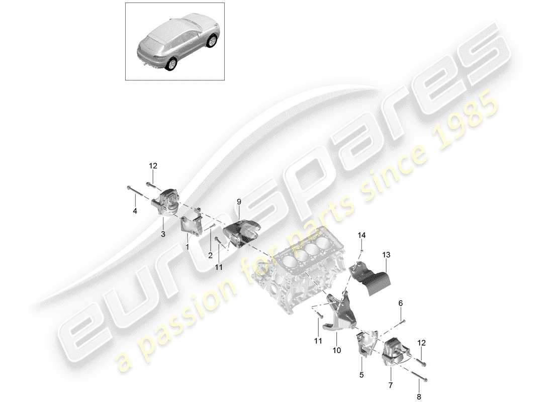 porsche 2014 (macan) attaque de levage du moteur schéma des pièces