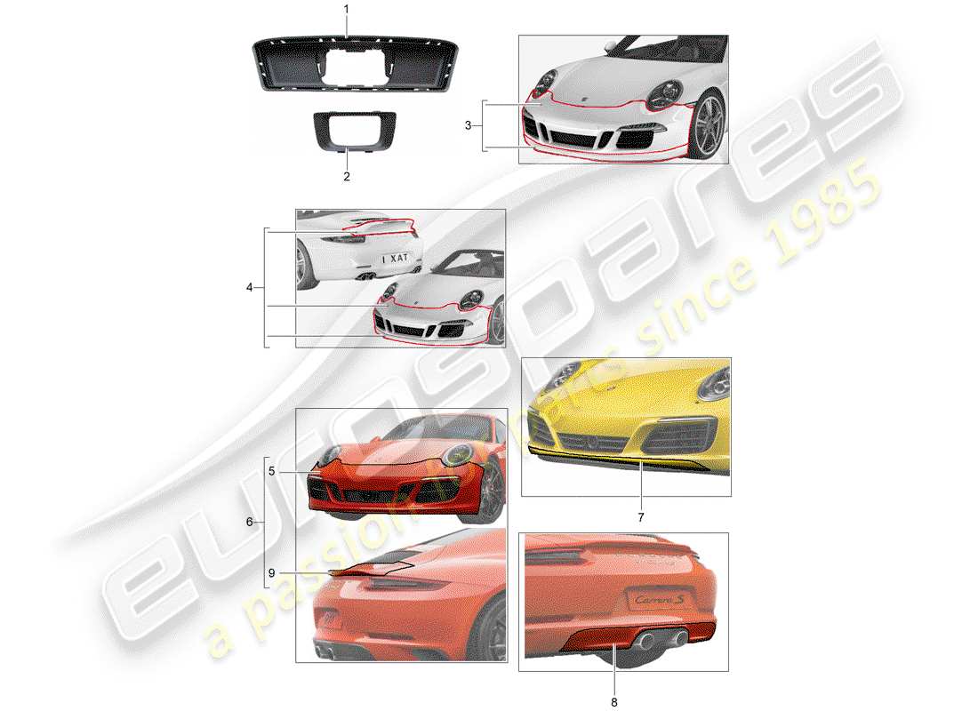 porsche 2017 (tequipment 98x/99x) package design sport schéma des pièces