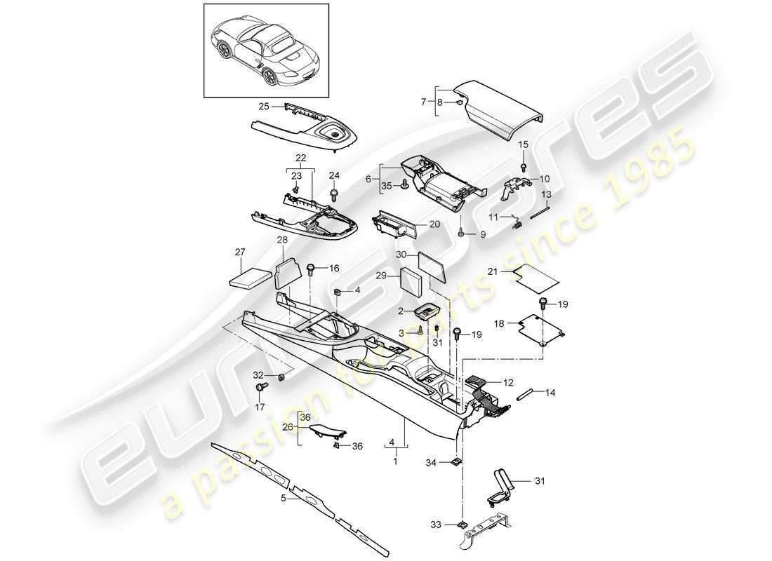 porsche 2009 (987 boxster) console centrale schéma des pièces