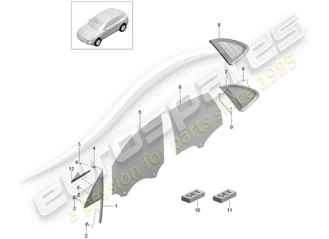 porsche 2014 (macan) fenêtre latérale diagramme des pièces
