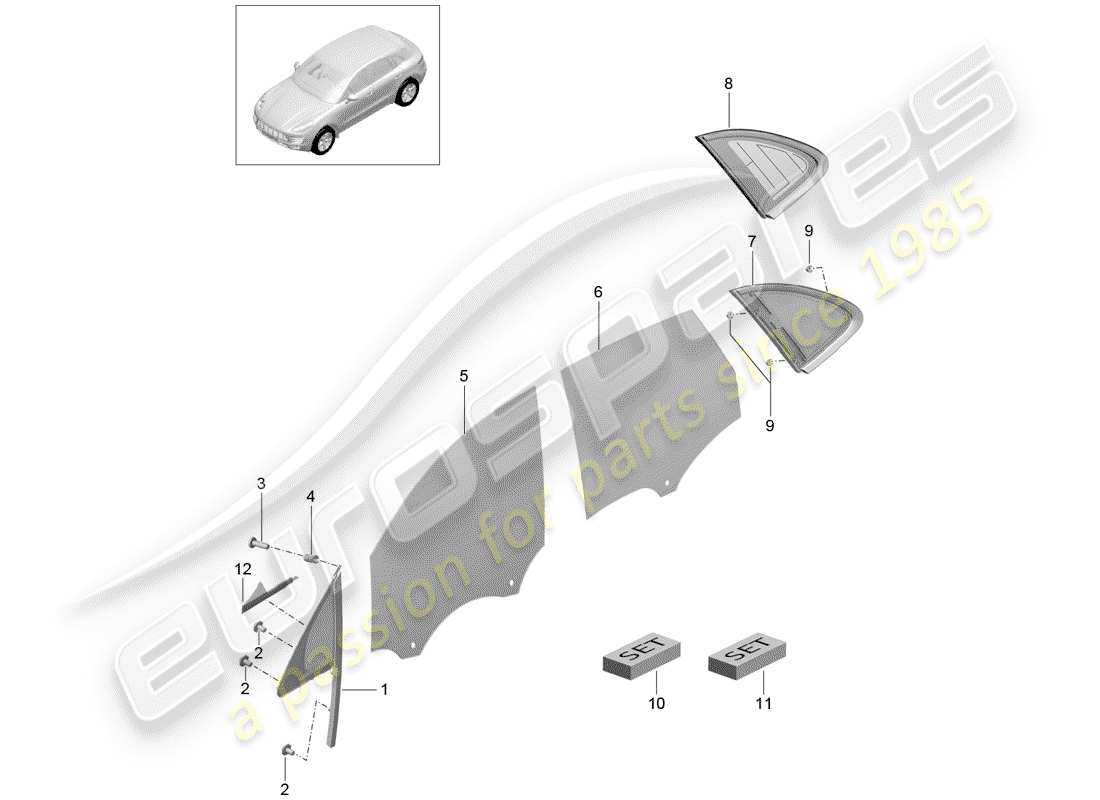 porsche 2014 (macan) fenêtre latérale schéma des pièces