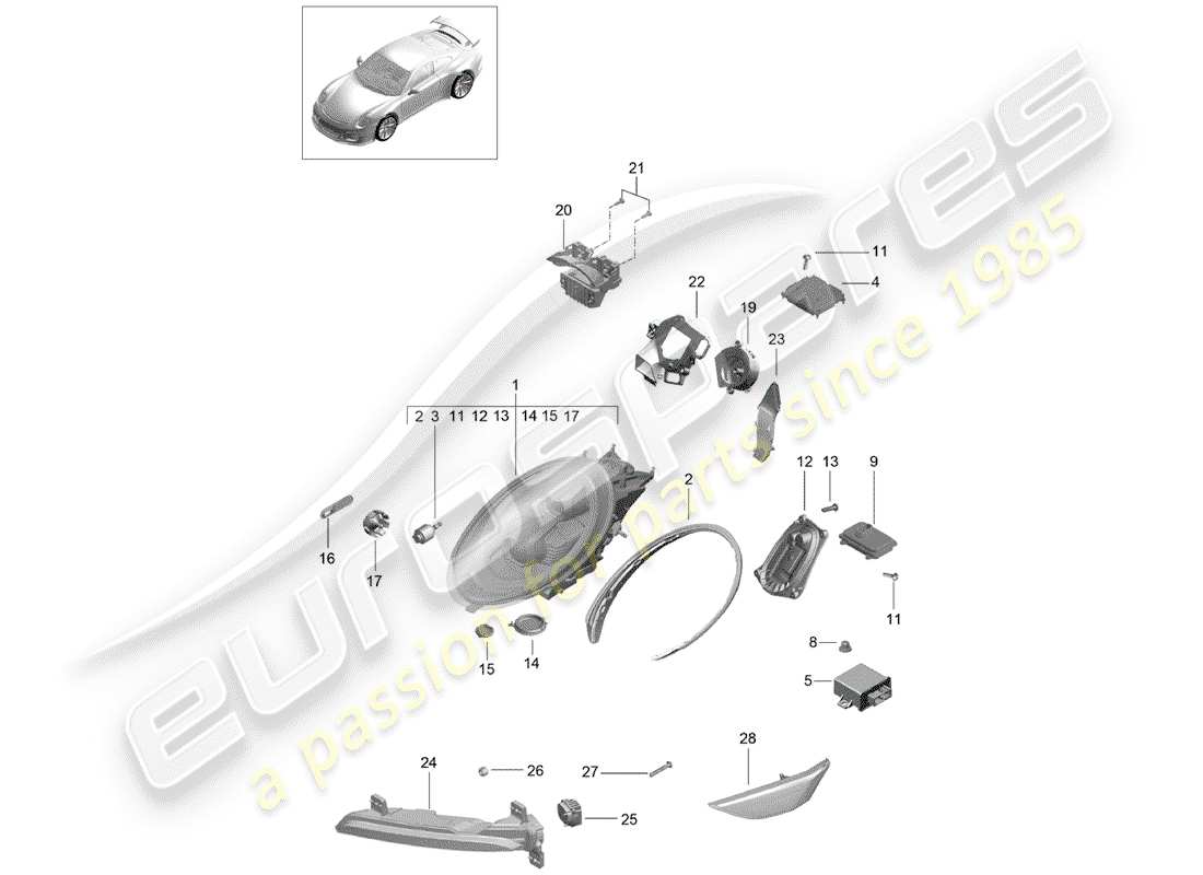 porsche 2019 (991-2 r/gt3/rs) schéma des pièces des phares